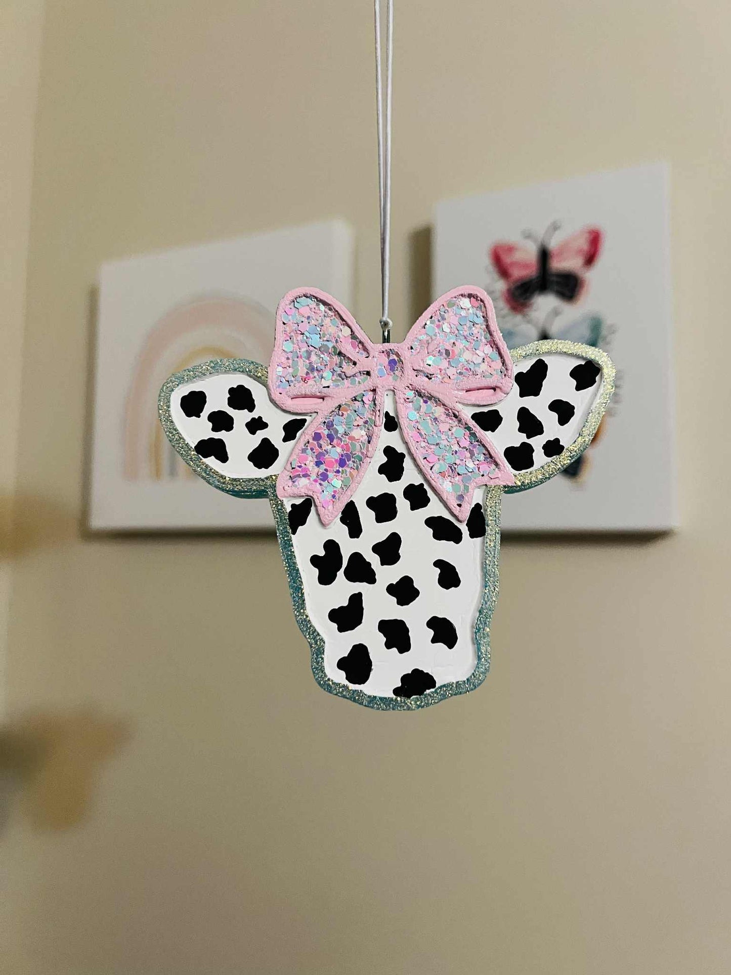 Cow with bow car freshie